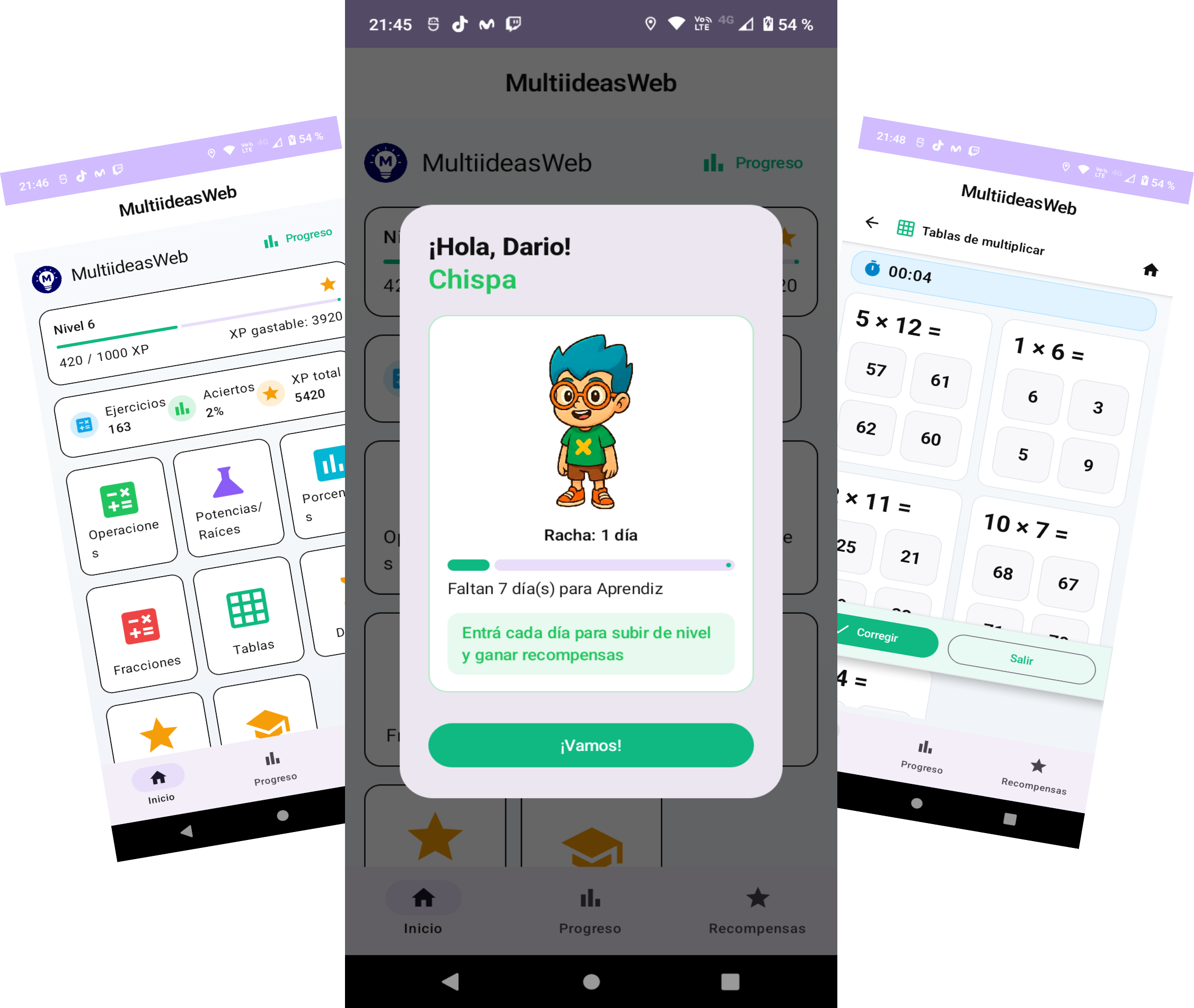 Pantallas de la app MultiideasWeb