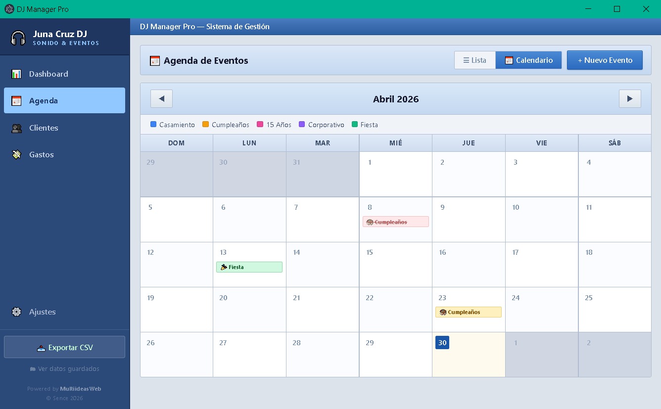 Agenda de eventos DJ Manager Pro con vista calendario