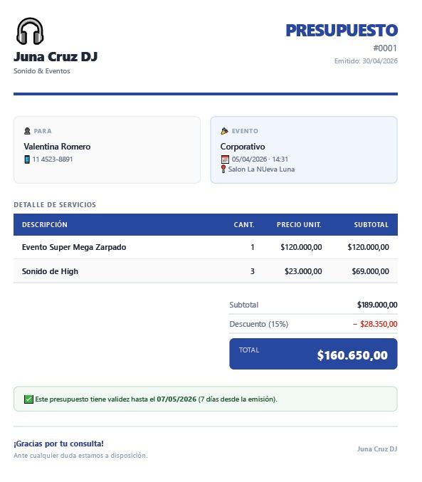 Presupuestos PDF DJ Manager Pro con logo