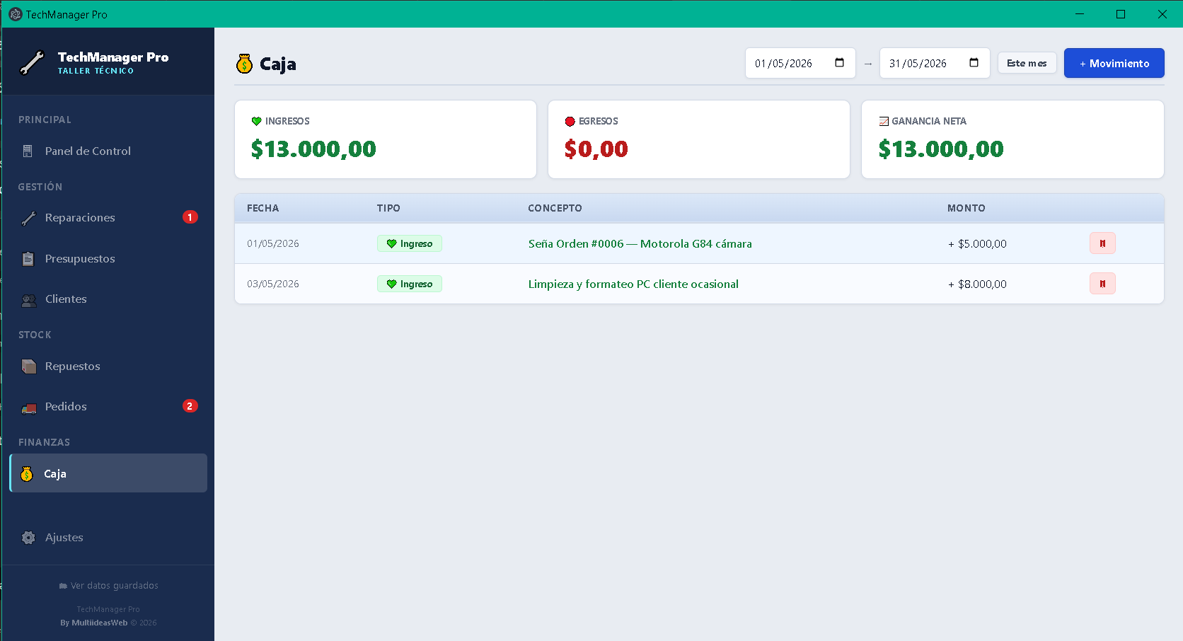 Control de caja TechManager Pro ingresos egresos ganancia