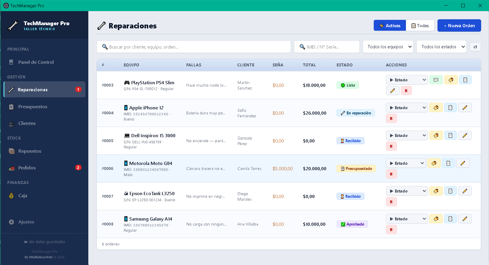 Lista de órdenes de reparación TechManager Pro